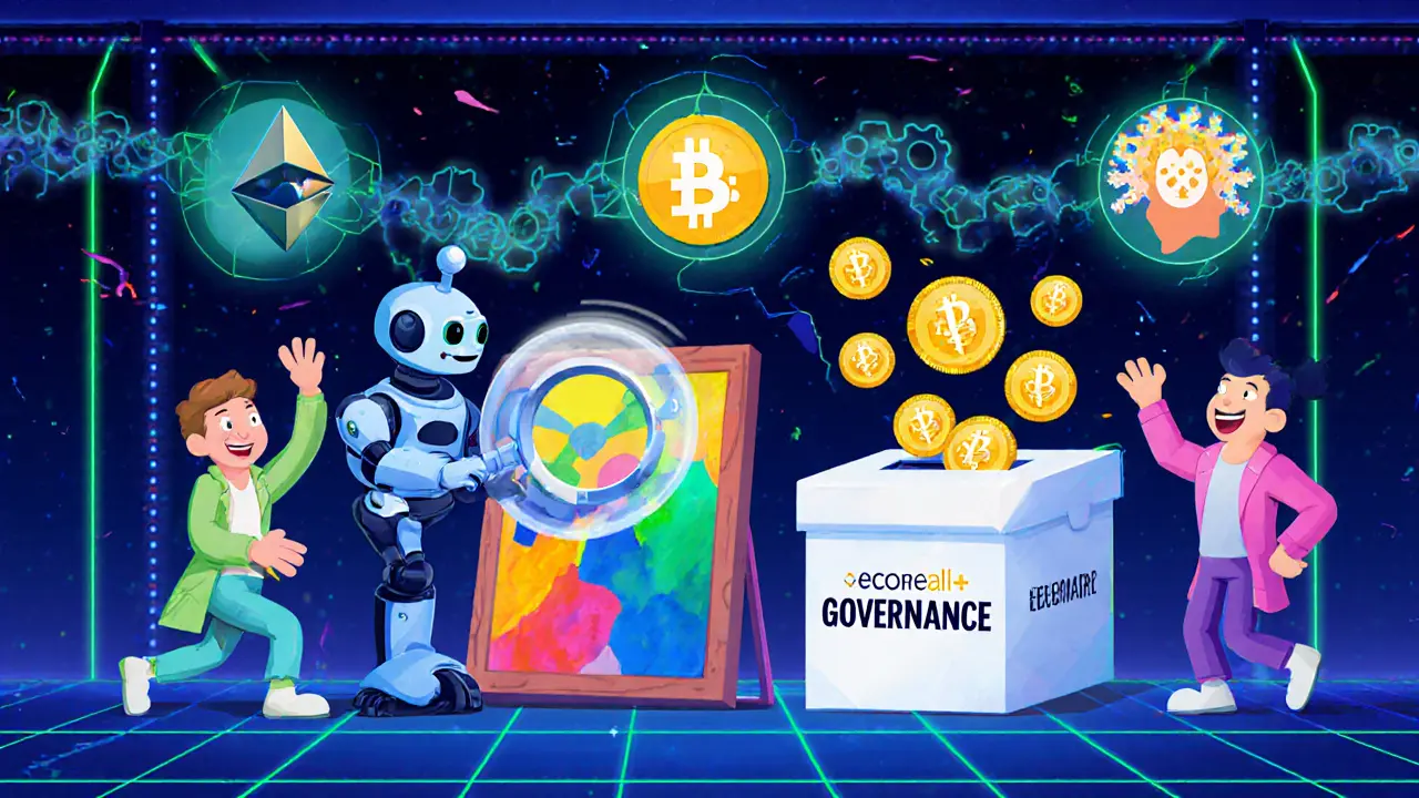 Robot scans a painting with AI icons, voting box, and cartoon bridges to other blockchains.
