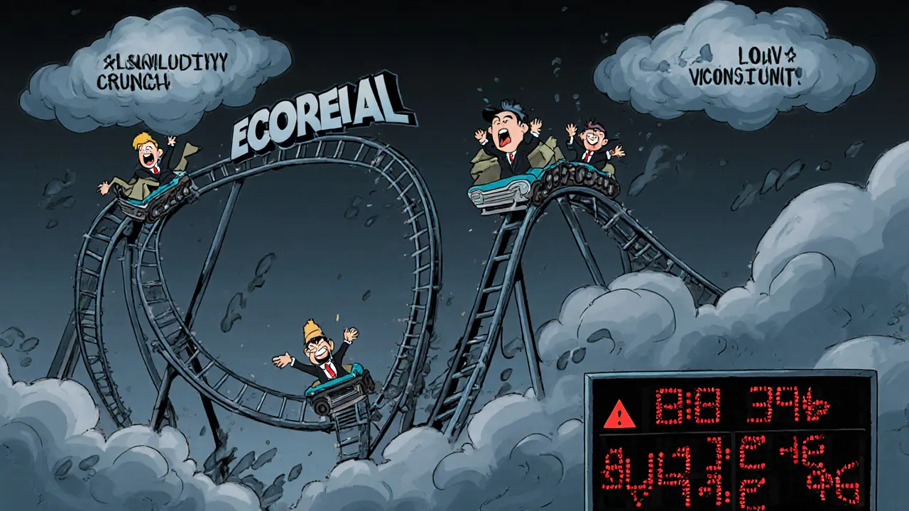 Roller coaster named ECOREAL shows worried investors amid risk clouds and price spikes.