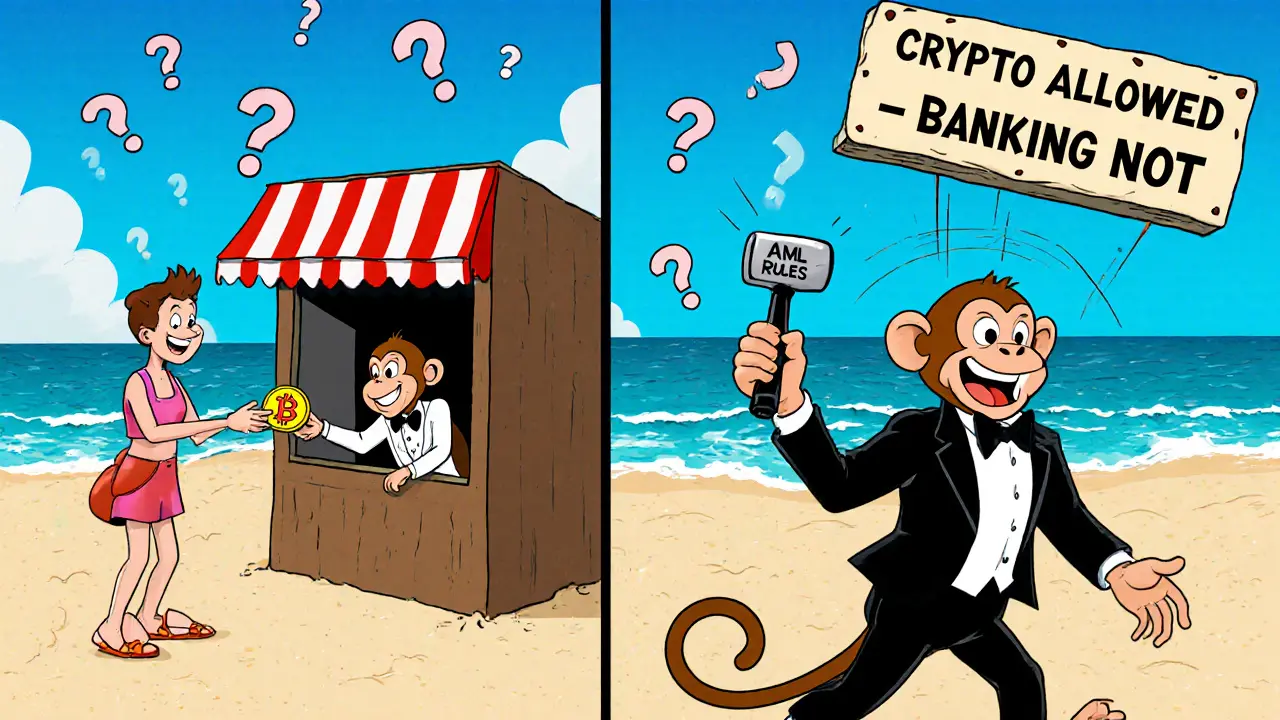 Split cartoon scene showing crypto exchange chaos with a monkey and angry bank teller under &#039;Crypto Allowed&#039; sign.