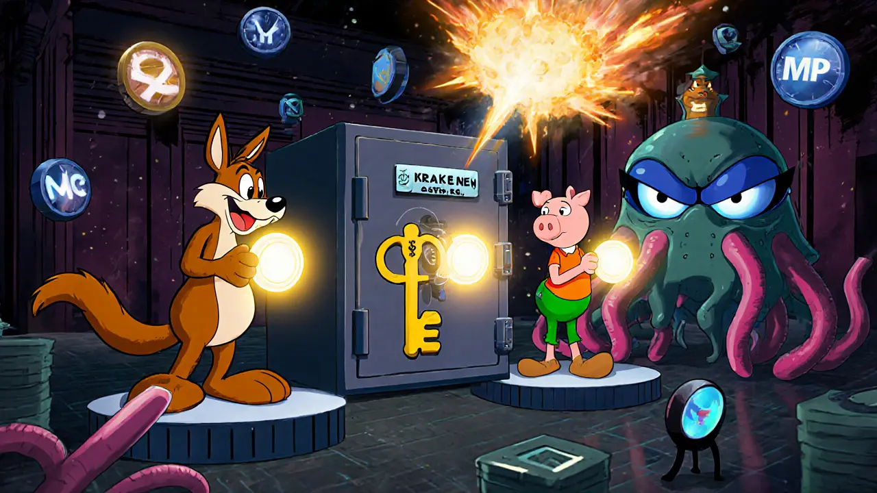 Three cartoon characters each holding a key fragment to open a crypto vault, with a ticking quantum computer looming nearby.