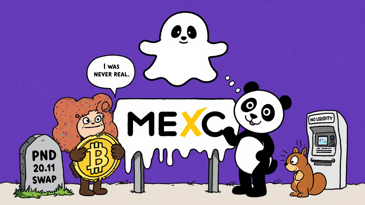 Two characters hold PND and PANDA tokens beside a melting exchange sign, with a ghostly token above.
