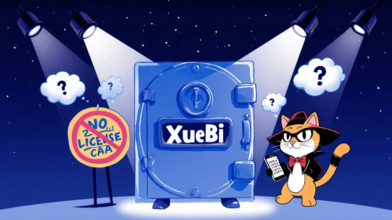 Vault labeled XueBi lacking license, spy cat showing 2FA code.