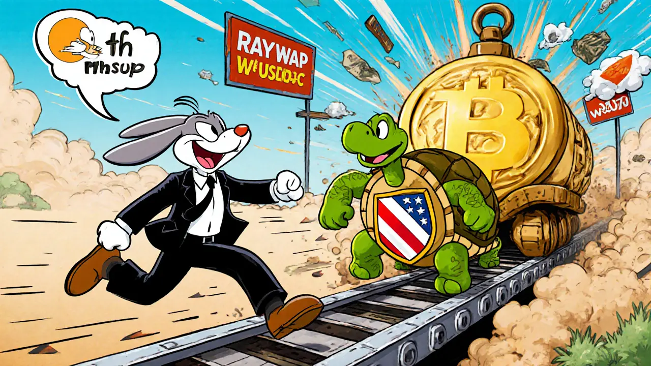 wETH rabbit racing wUSDC tortoise across a smart contract bridge