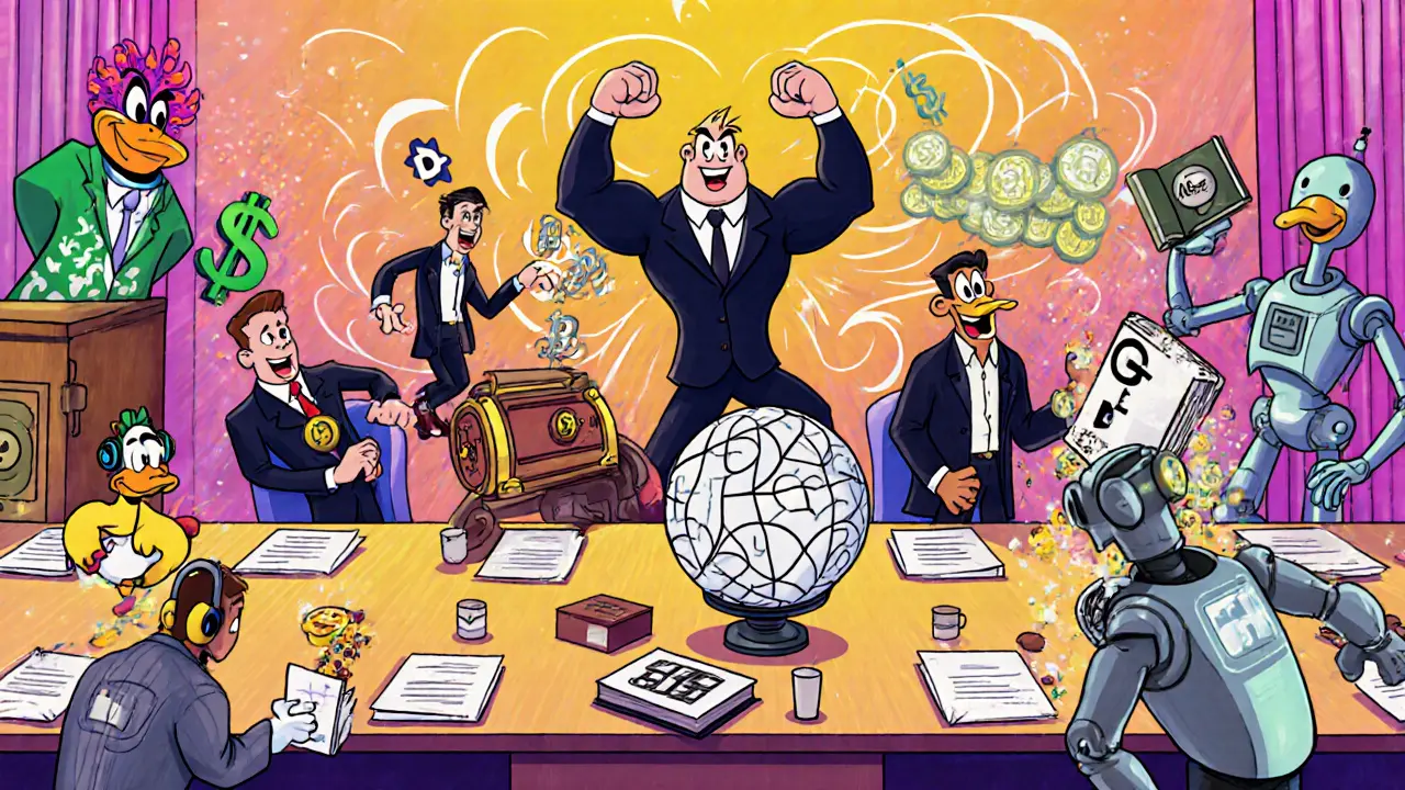 Whimsical mascots representing major DAOs at a cartoon conference table.