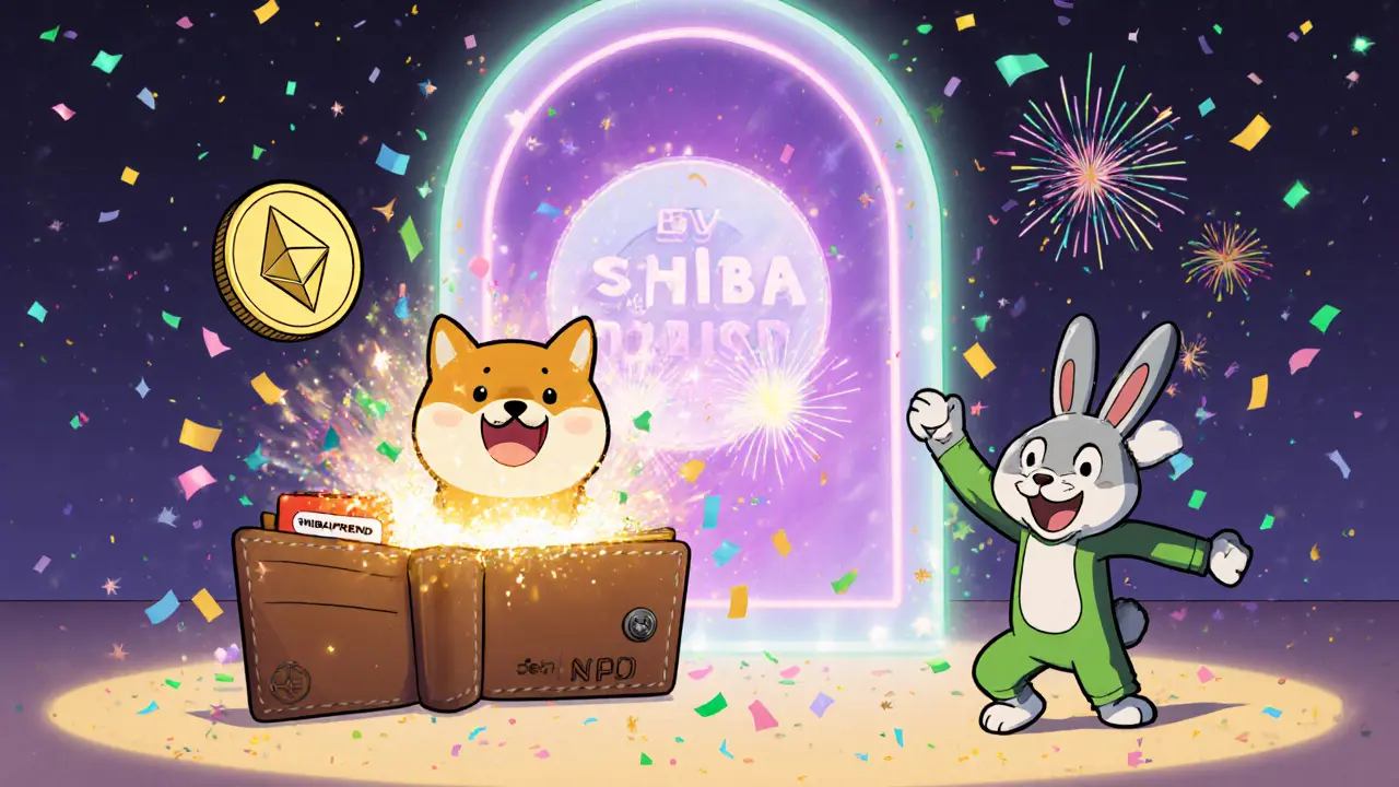 Winner celebrates as a glowing SHIBAFRIEND NFT appears from an open cartoon wallet.