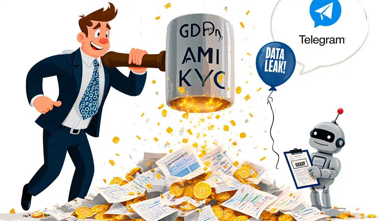 A compliance officer smashing paperwork with a Sprinto mallet while a robot celebrates on a glowing dashboard.