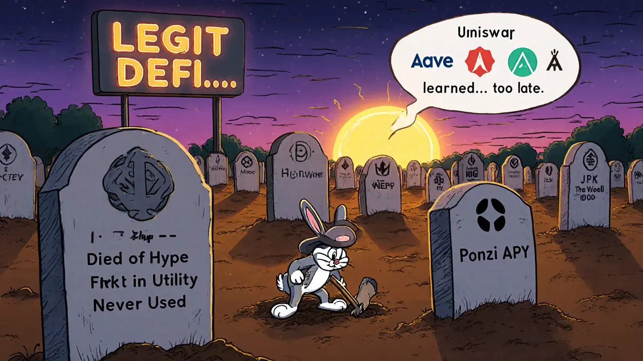 A crypto graveyard with tombstones for dead tokens, a sad rabbit digging for value as legit projects glow in the distance.