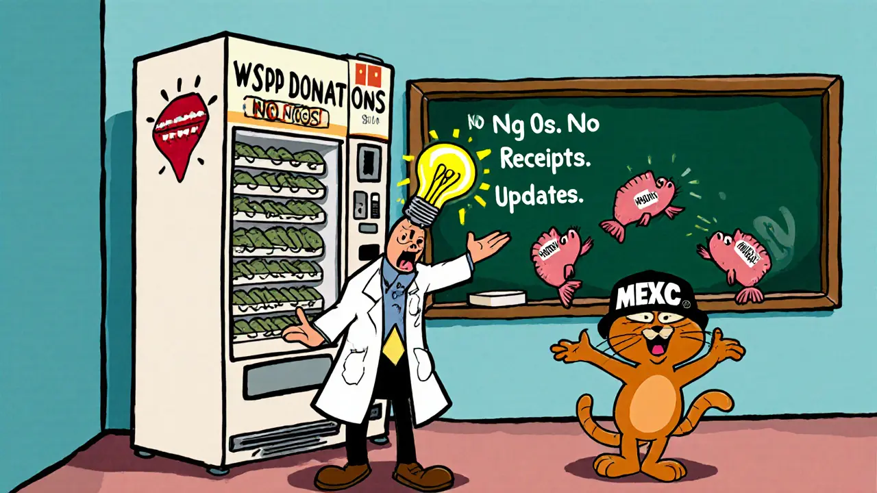 A developer trying to fix a broken donation machine that spits out empty envelopes.