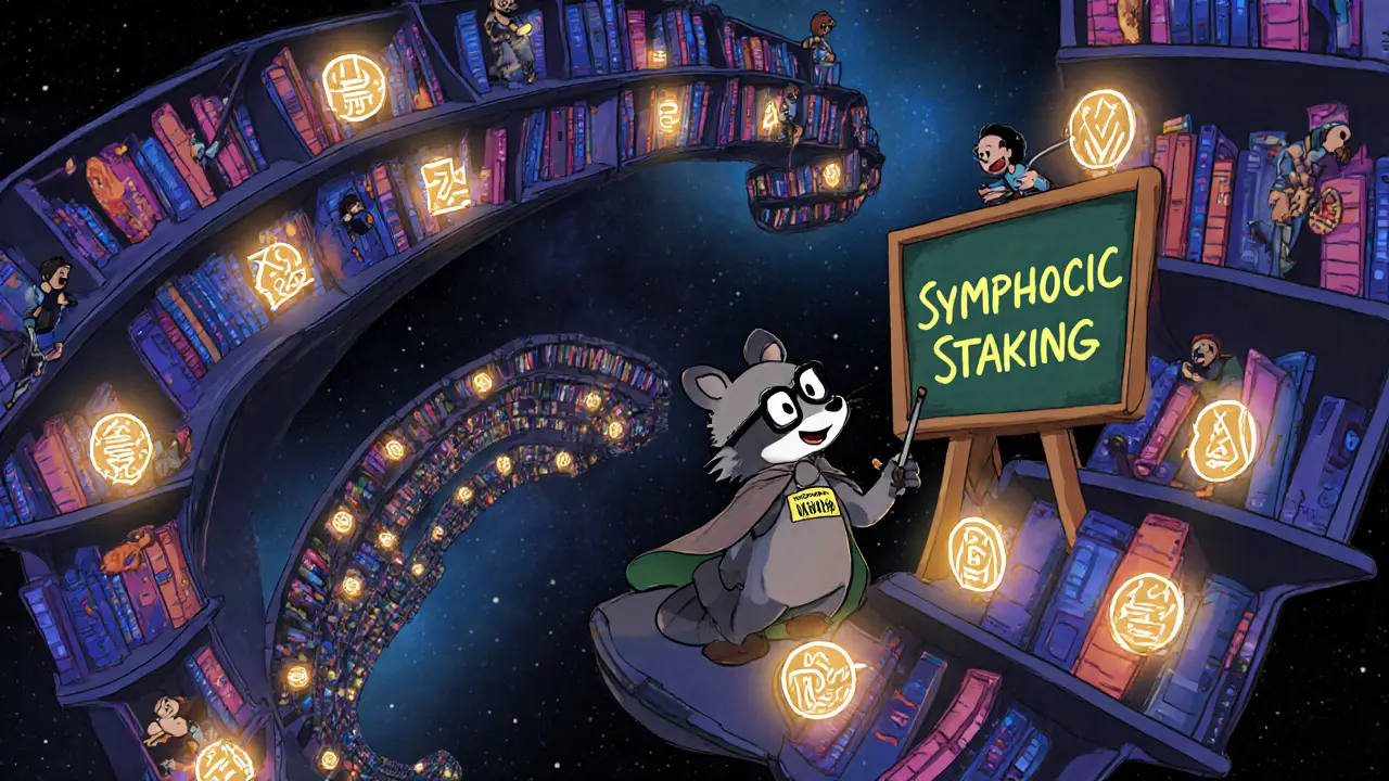 A floating library of rune books with a raccoon writer decoding symbolic staking in space.