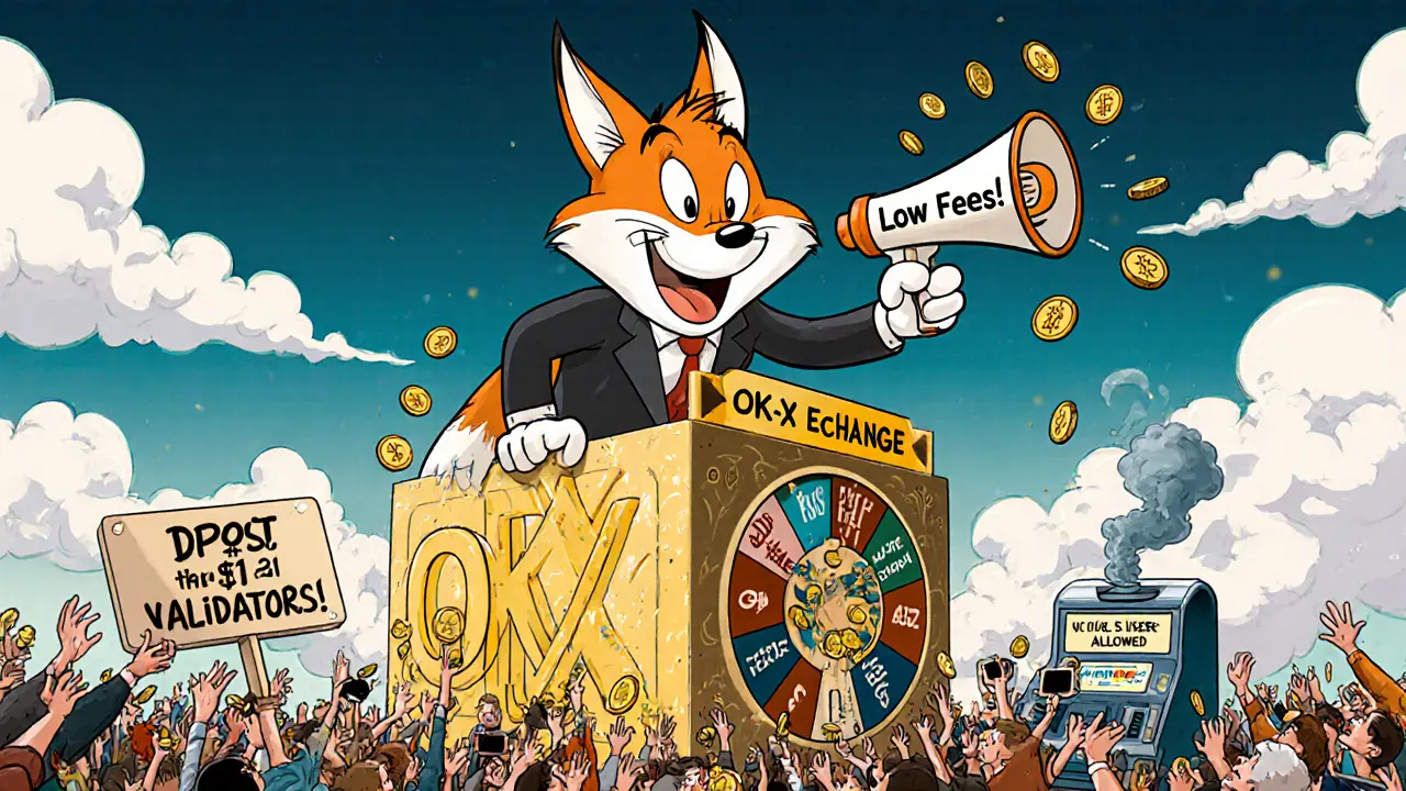 A fox in a suit representing OKX standing on a blockchain tower, tossing coins to users.