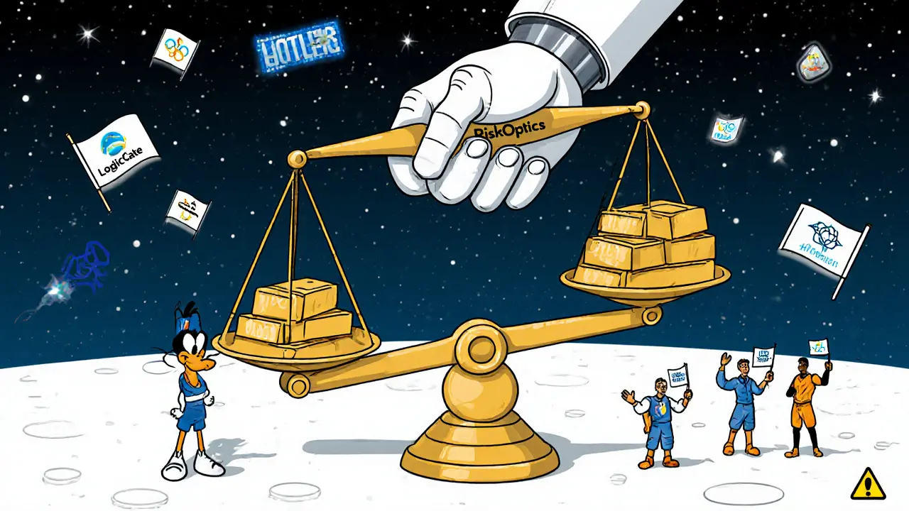 A giant RiskOptics hand balancing gold against a tiny startup, with other tools as tiny athletes in a blockchain sky.