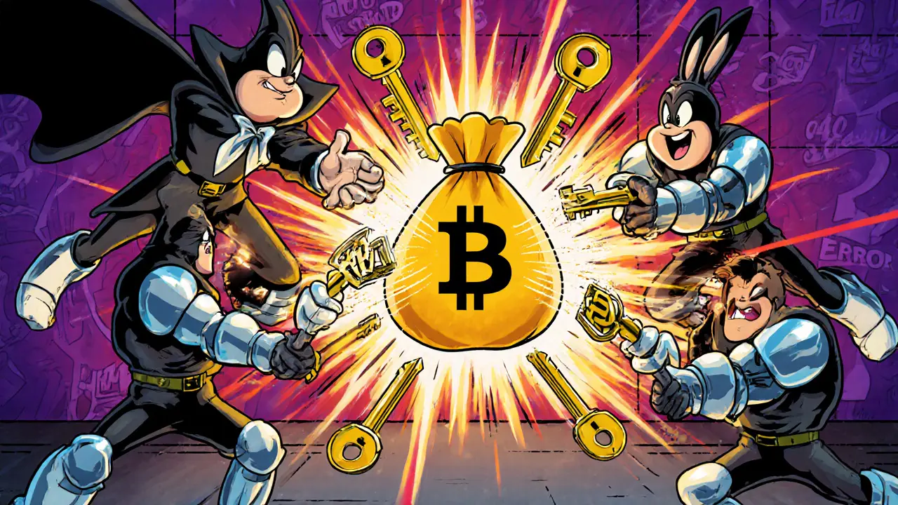 A hacker attacked by three key-wielding heroes in a cartoon battle, golden signatures blocking the theft.