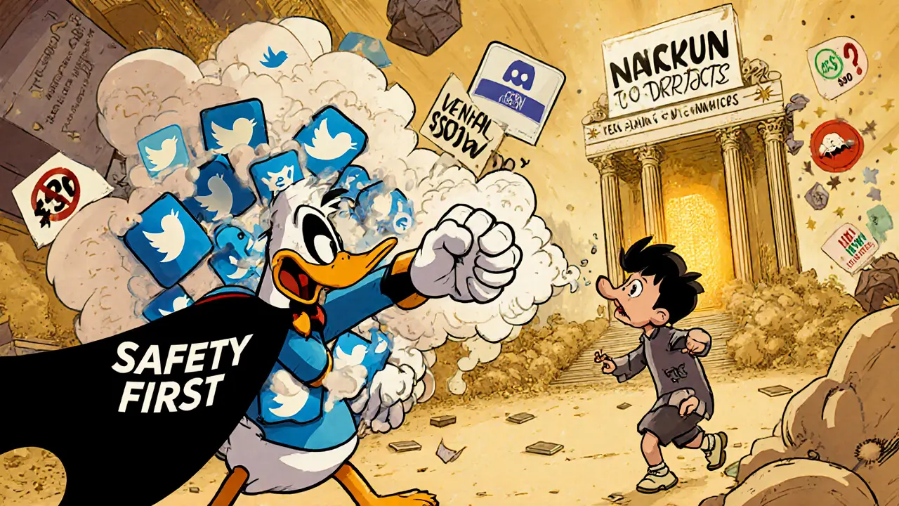 A hero duck defeats a scam monster made of fake logos, with safety signs and the official BlockSwap website glowing in the background.