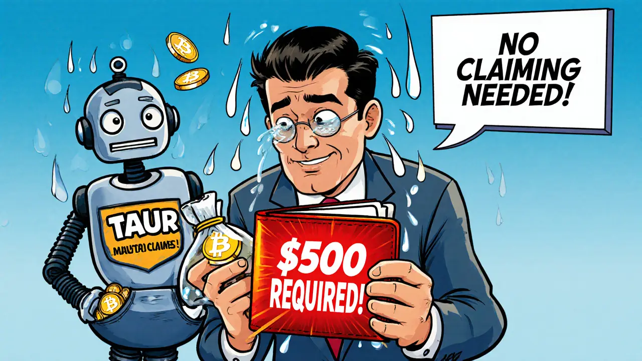 A nervous investor checks a wallet with a 0 requirement alarm flashing.