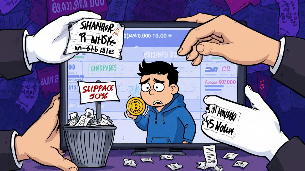 A panicked trader tries to sell a CHADCAT token as giant hands block buyers and slippage warnings loom.