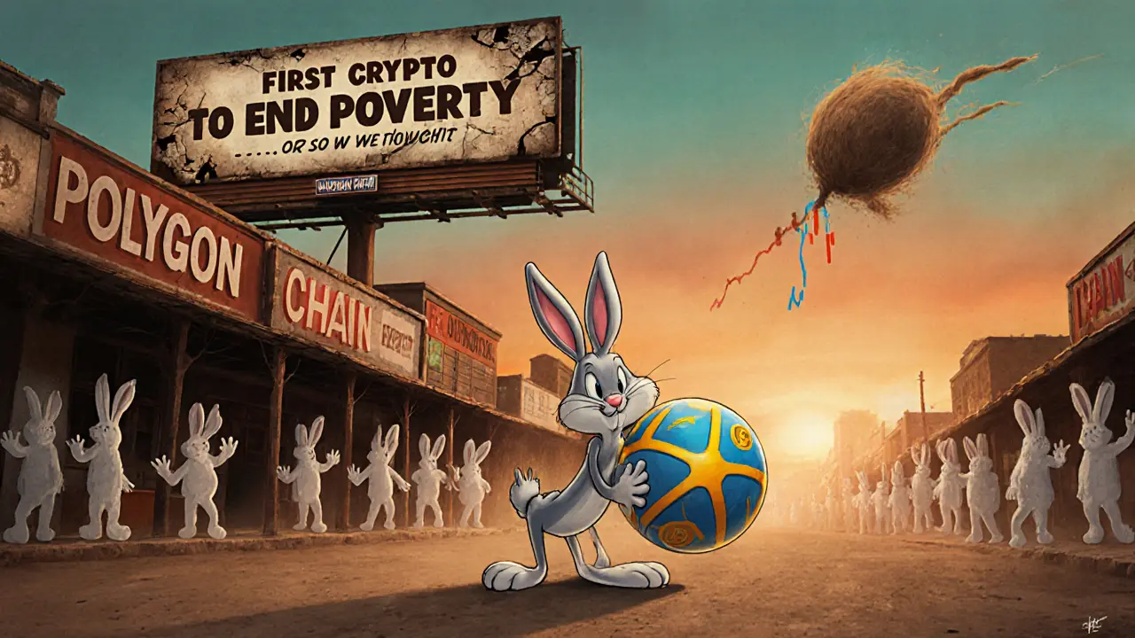 A rabbit holding a giant WSPP token in an abandoned marketplace with fading trader ghosts.