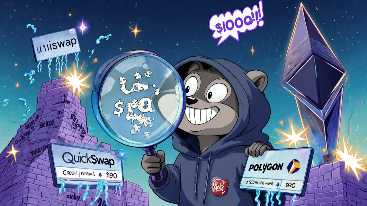 A raccoon hacker using a magnifying glass to split a trade across DEX pools with playful, exaggerated visuals.