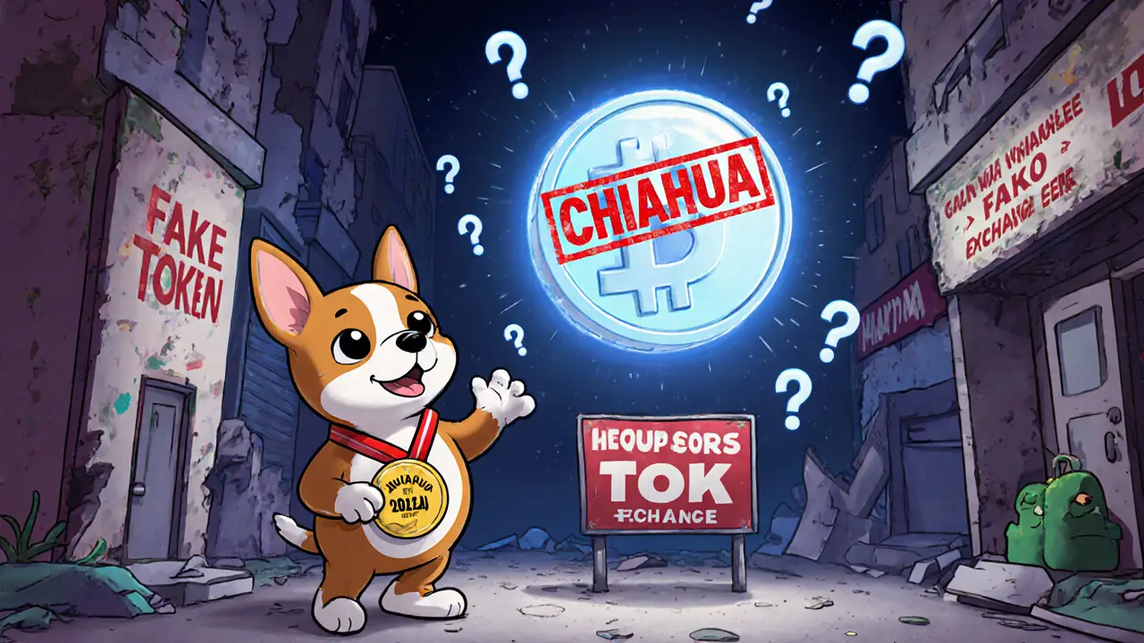 A real Chihuahua coin winner stands next to a ghostly CHIHUA token surrounded by scam signs and red stamps.