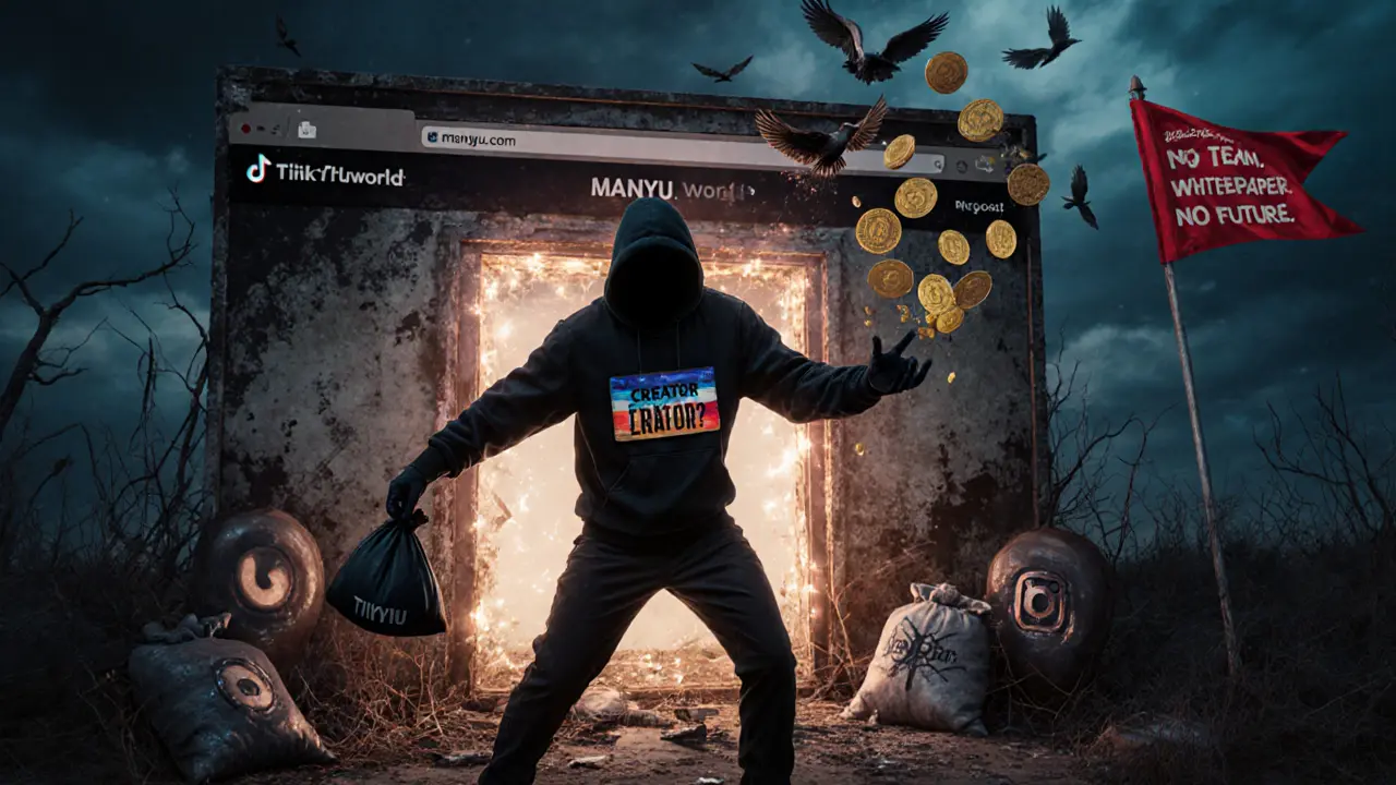 A shadowy creator vanishes through a blockchain portal as the MANYU website crumbles behind.