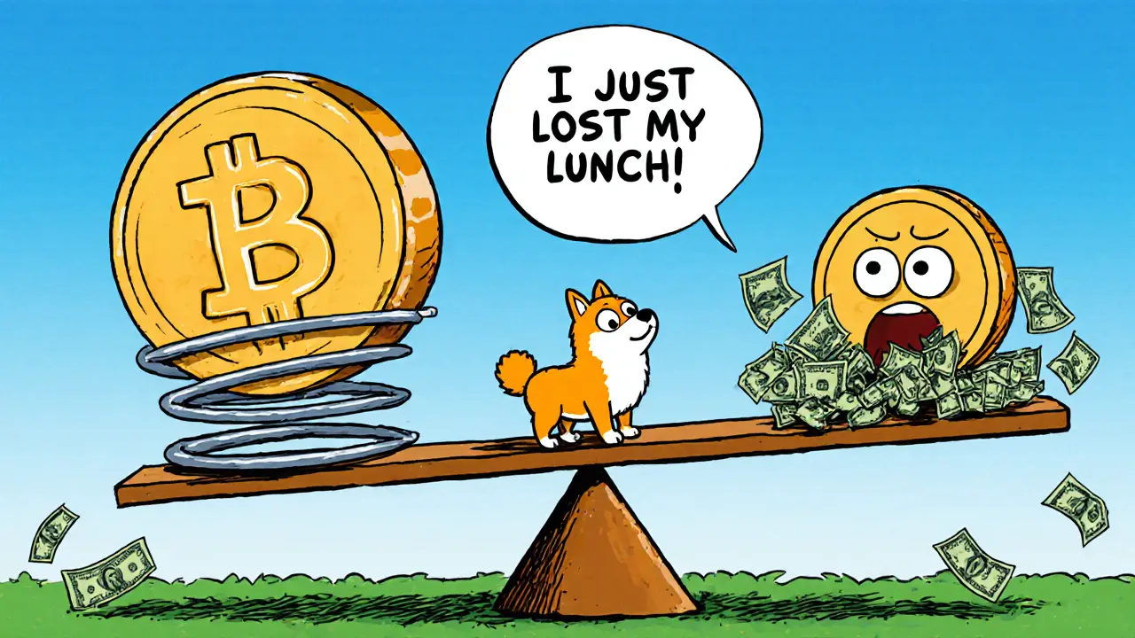 A Shiba Inu coin falls into a huge spread gap while Bitcoin stays balanced on a seesaw.