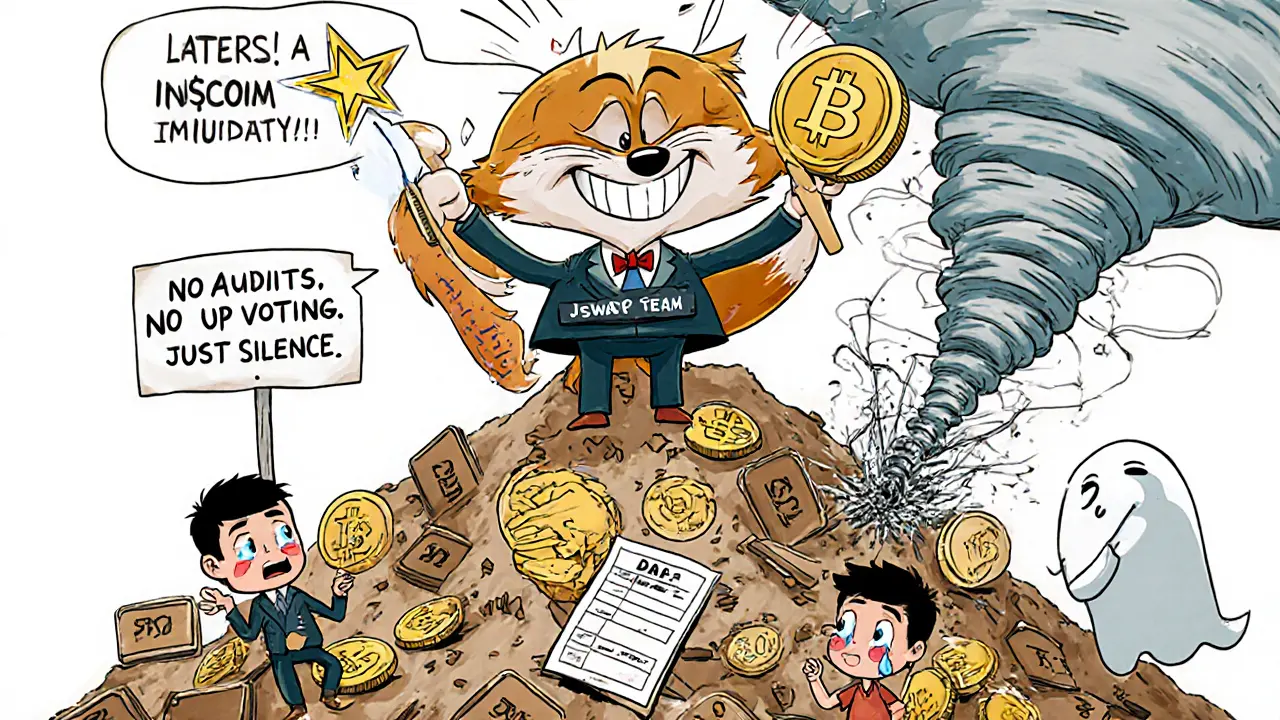 A smug fox stands on a pile of empty wallets holding a <h2>What Happened to the JF Token?</h2> token, while confused users below hold broken signs.