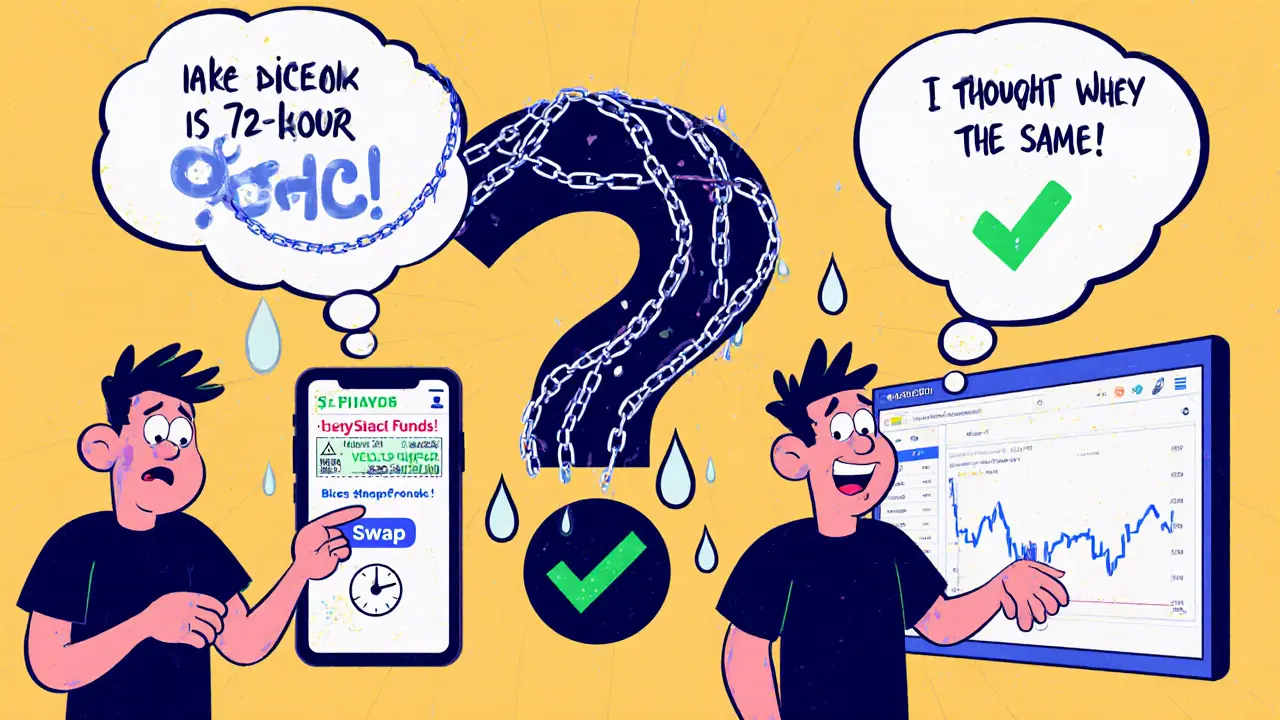 A split-screen cartoon of a confused user facing risks on Elk Finance vs. ease on OKX.