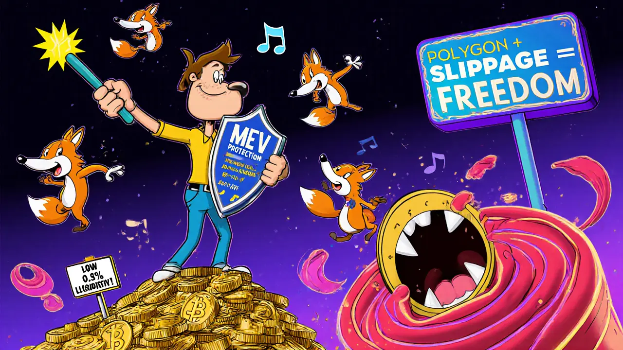 A trader defeating MEV bots with an aggregator shield while avoiding a slippage vortex in cartoon style.