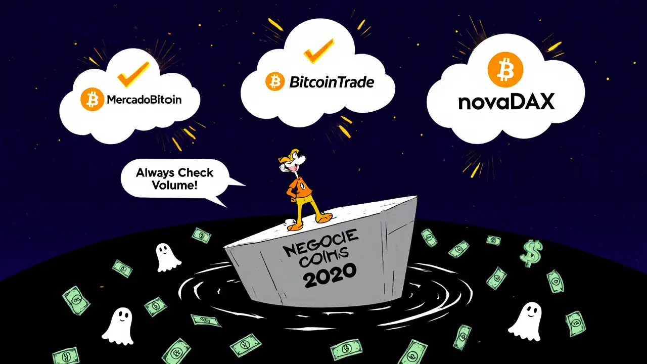 A user stands on a sinking platform labeled Negocie Coins as it falls into a black hole.