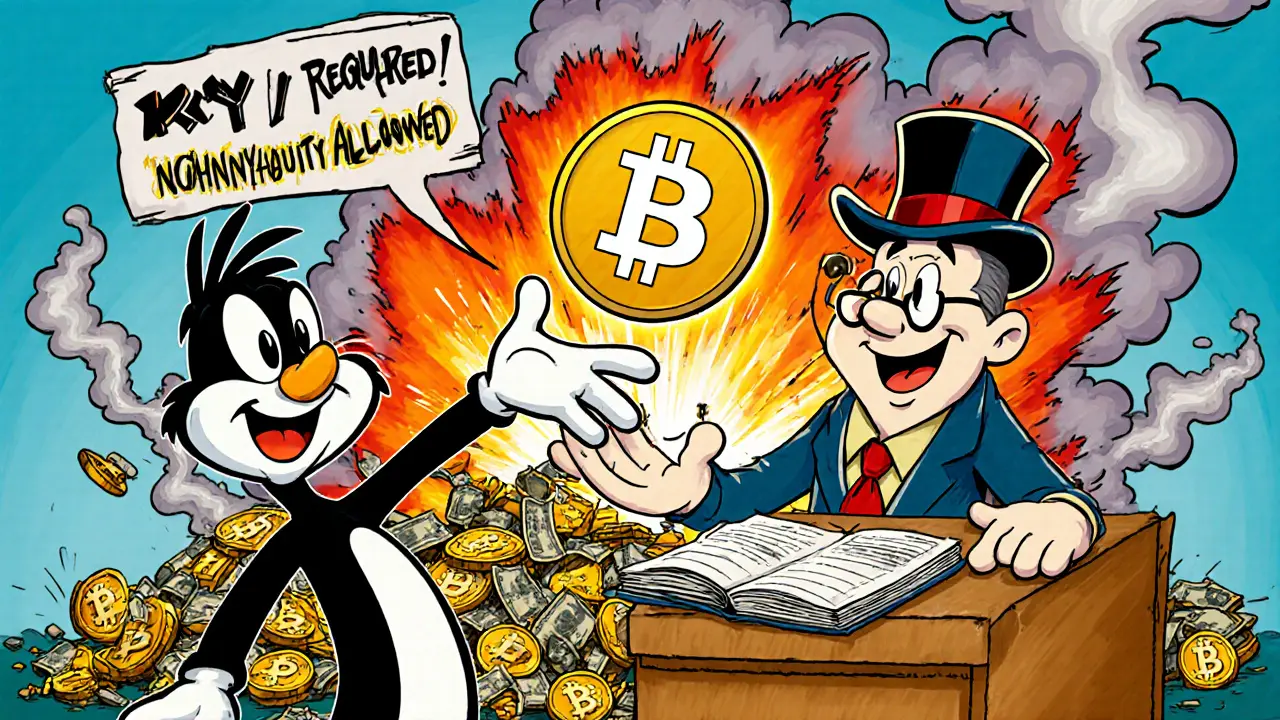 A user throws a stablecoin to a bank teller while broken crypto tokens explode behind them.