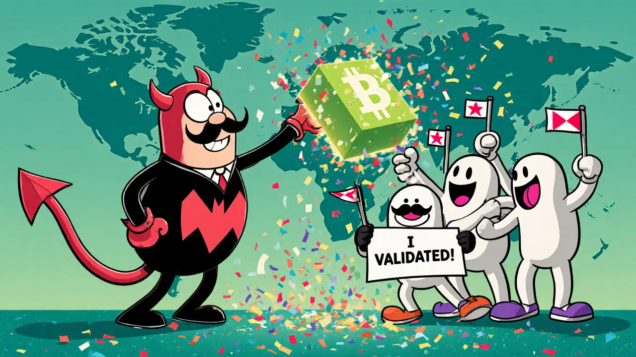 A villain node trying to spread a fake block, blocked by heroic nodes with validation shields.