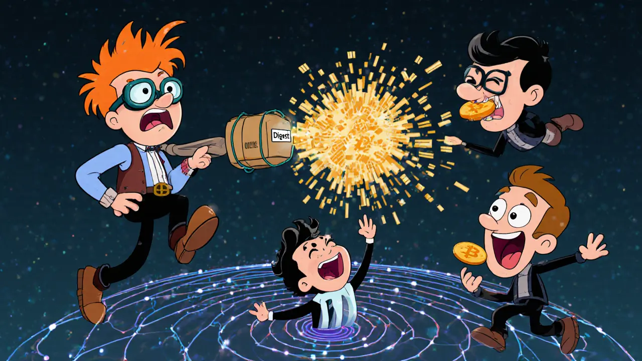 A wacky inventor launching a digest package via slingshot to three surprised peers in a network.