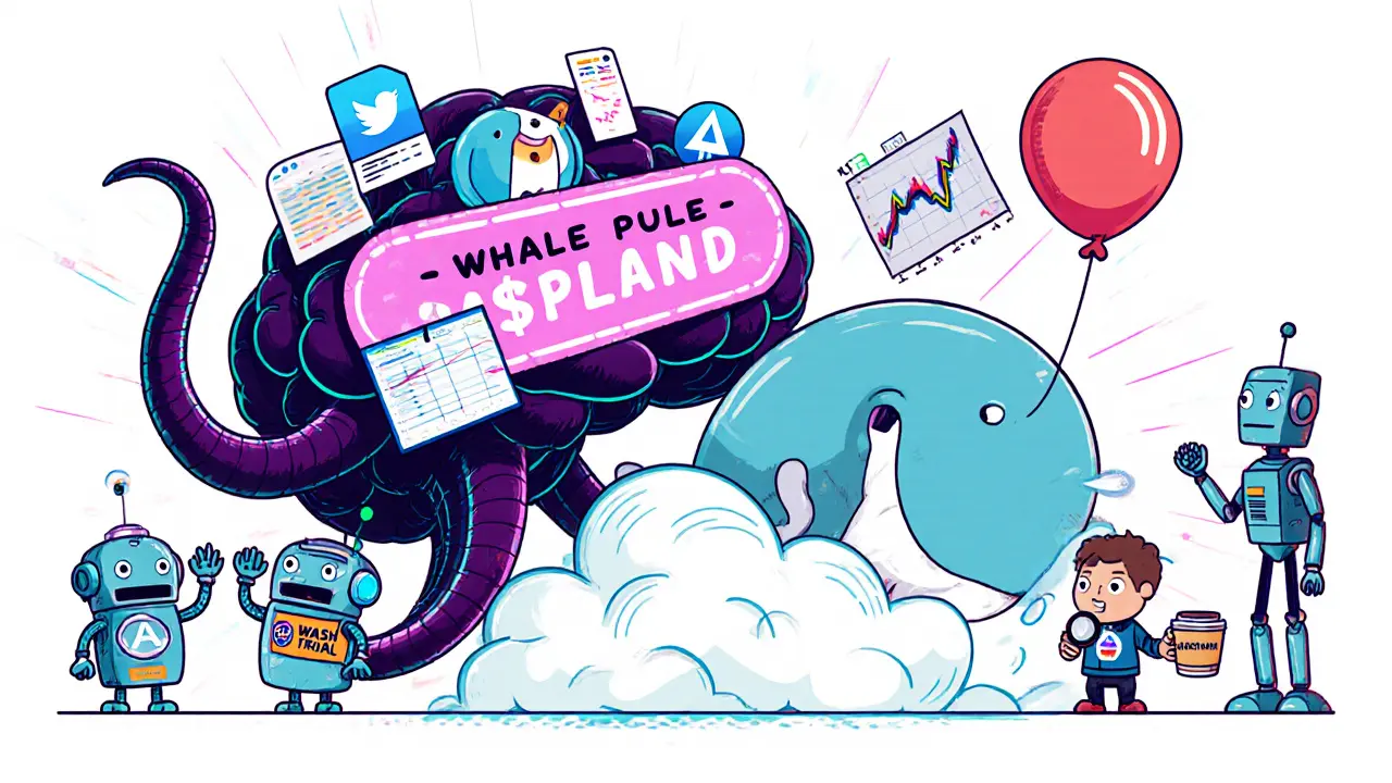 An AI brain tracking a sneaky whale behind a privacy cloud, while robots celebrate and a beginner watches with coffee.