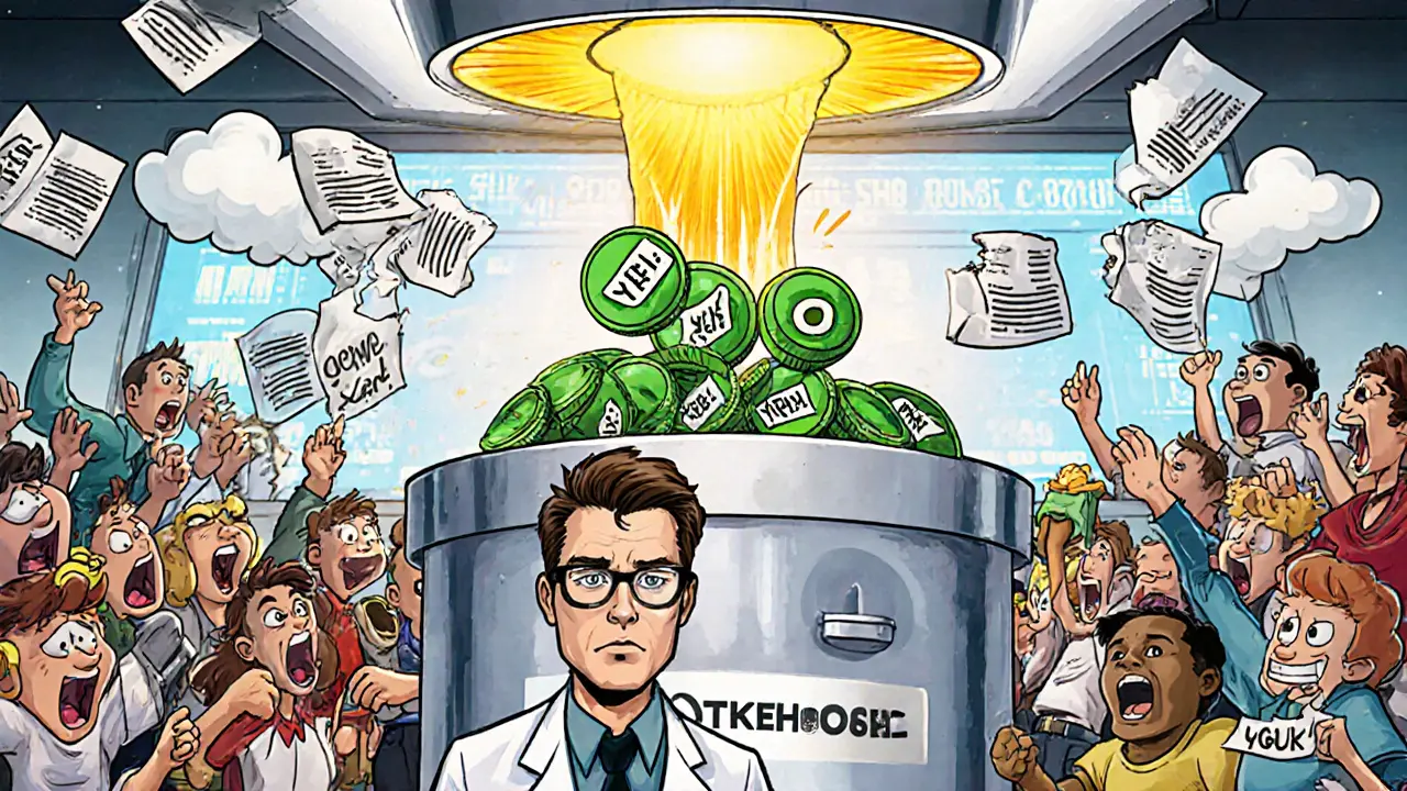 An engineer staking ETH into a machine that produces SHB tokens, while chaotic characters hold fake NFTs and audit reports shine above.