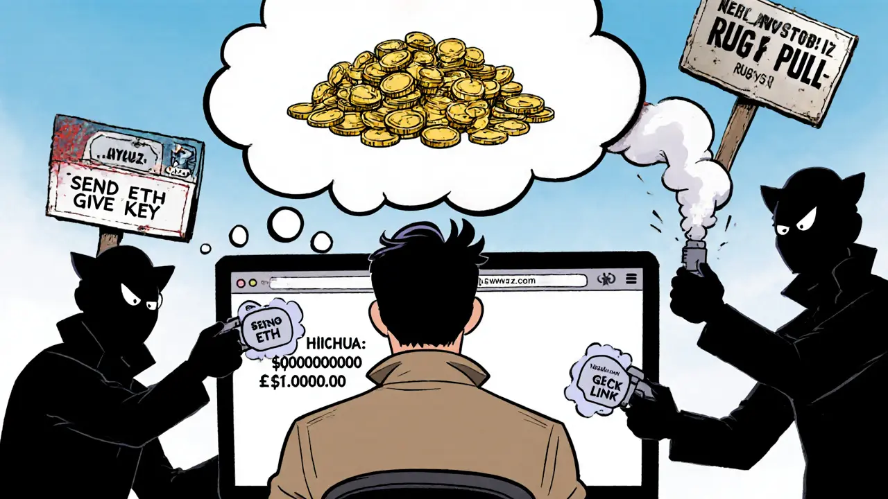 An investor faces a computer showing zero value as shadowy scammers pull levers labeled with crypto fraud tricks.