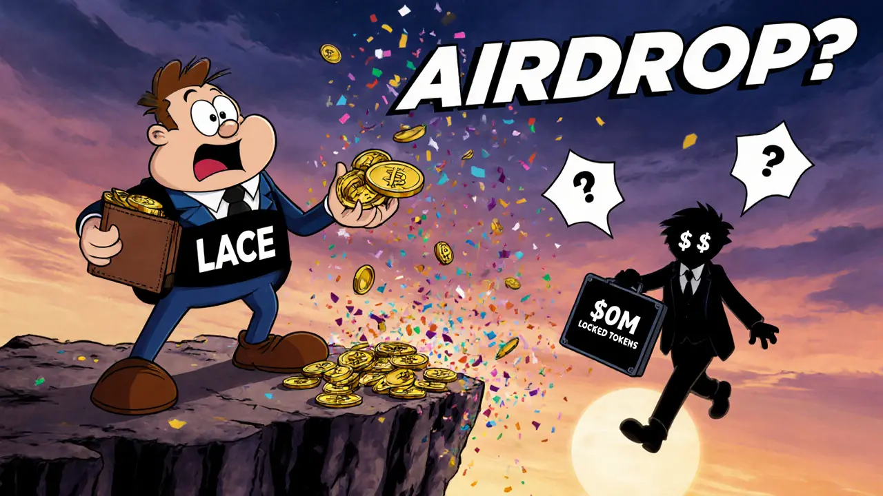 An investor watches LACE tokens turn to confetti and blow away, while a shadowy figure takes locked tokens.