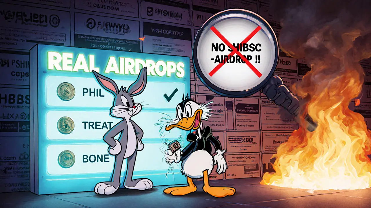 Bugs Bunny beside real airdrop tokens while Daffy Duck connects to a scam website with burning fake sites behind.