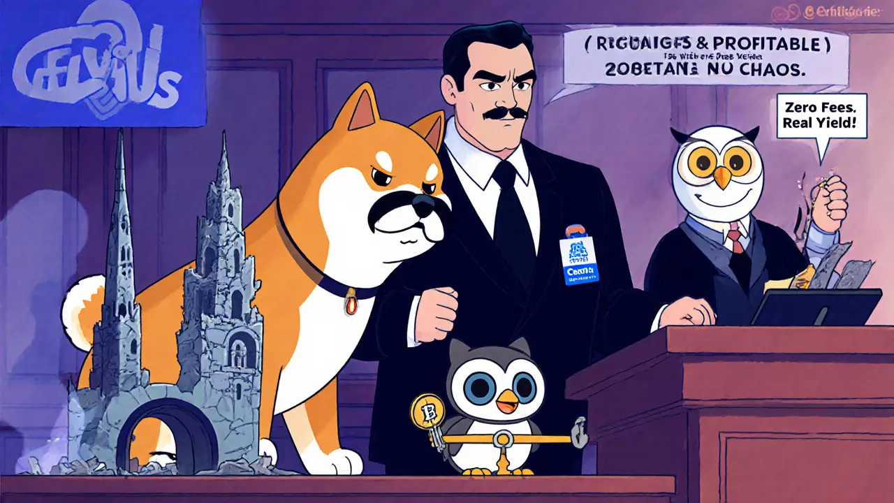 Cartoon courtroom scene with regulated wallet winning over crypto gambler, in Looney Tunes style