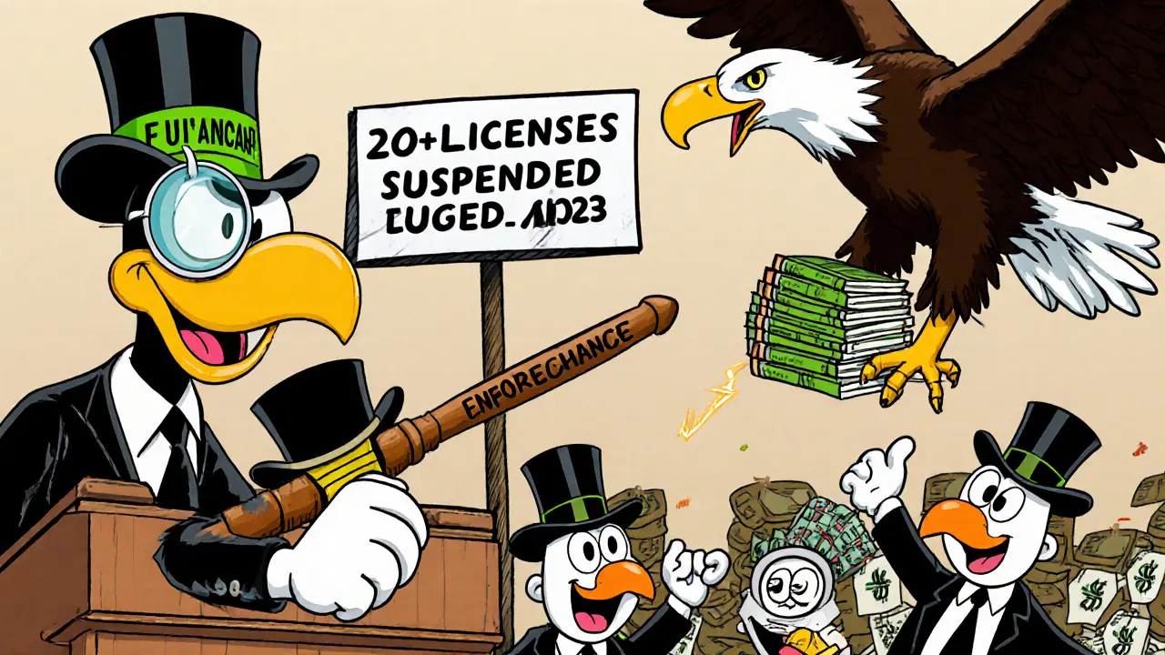 Cartoon courtroom with crypto exchanges in handcuffs as FIU eagle takes suspended licenses.