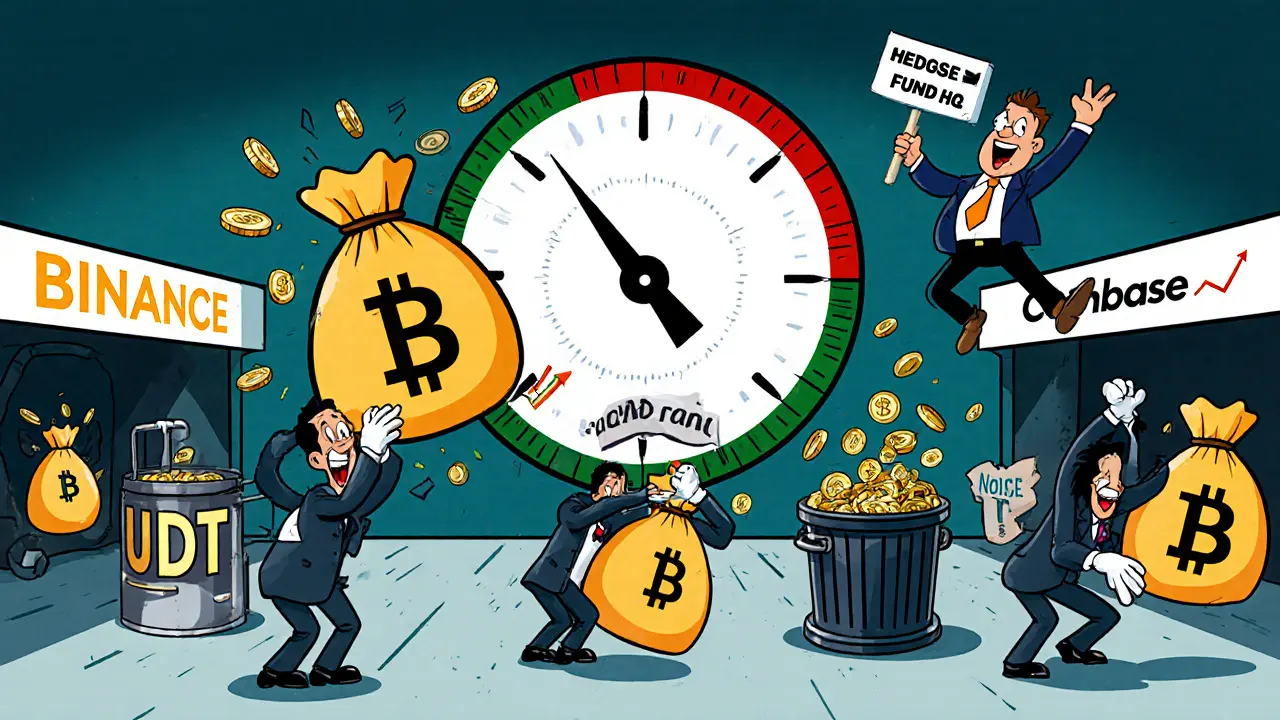 Cartoon whales moving giant stablecoin bags between exchanges on a chaotic trading floor with a swinging RSI gauge.