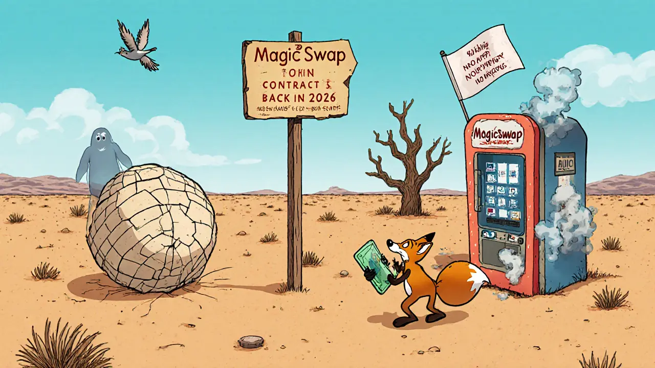 Desert with broken MagicSwap sign, fox trying to use a broken wallet vending machine