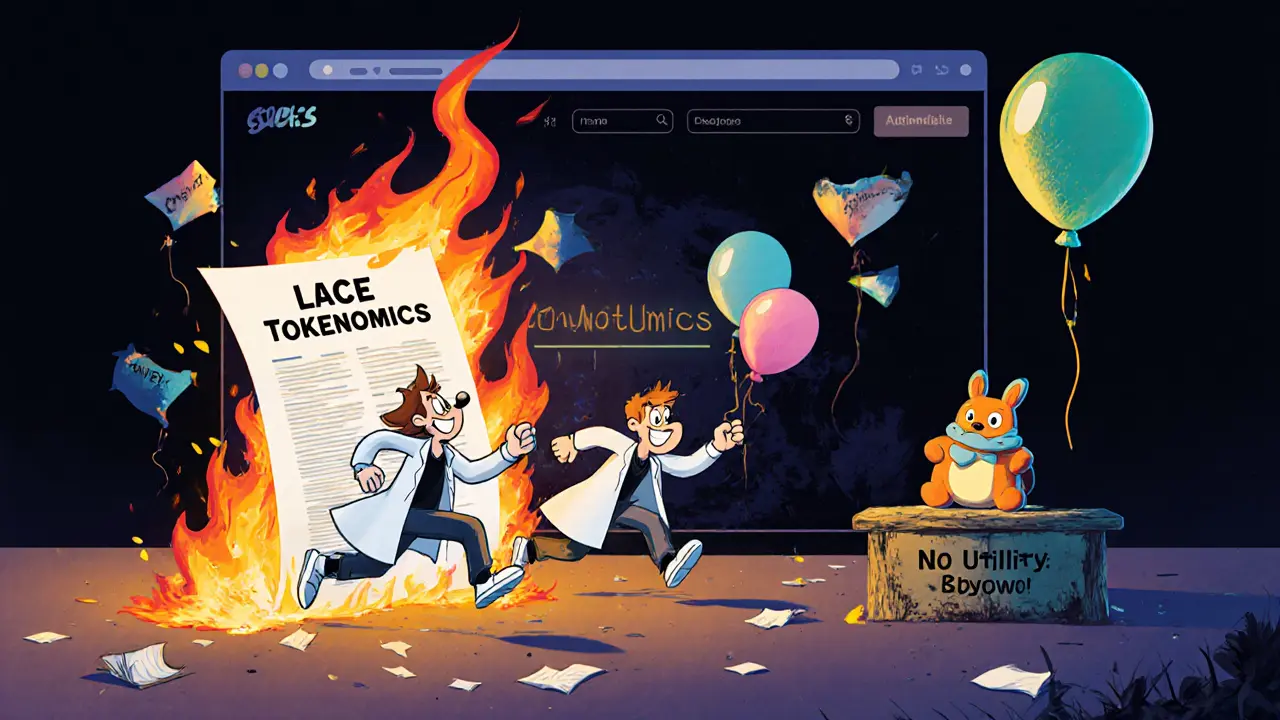 Developers running from a burning whitepaper as &#039;Rewards&#039; balloons pop, leaving behind a lonely NFT on a shelf.