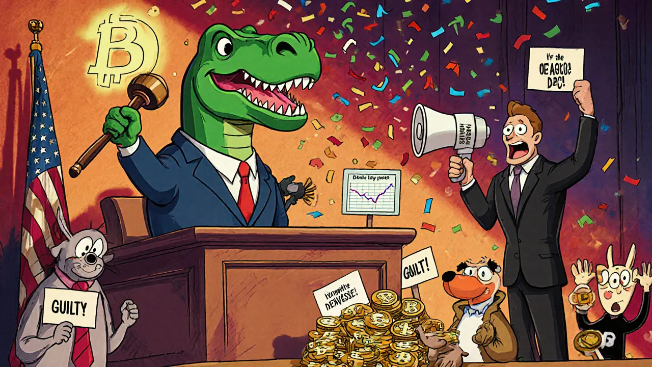 Dinosaur judge presiding over a courtroom trial for fraud by hype with DSG tokens as evidence.