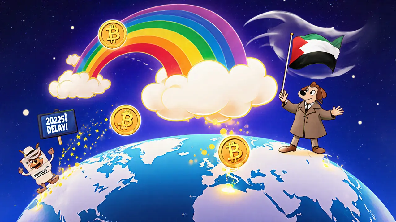 Dubai as global crypto hub sending bridges of coins to continents while EU clerk is overwhelmed.