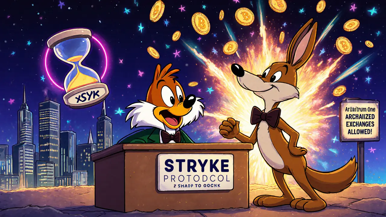 Elmer Fudd buying crypto options from Wile E. Coyote at Stryke Protocol with xSYK tokens raining down.