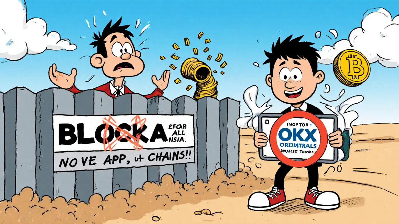 Frustrated U.S. trader blocked by a wall while another trades Ordinals freely in Southeast Asia.