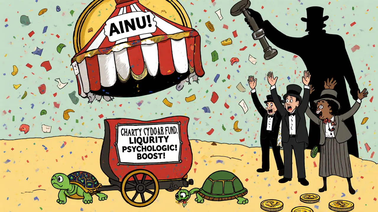 Giant AINU token above a slow-moving charity wagon, investors celebrating empty hype.