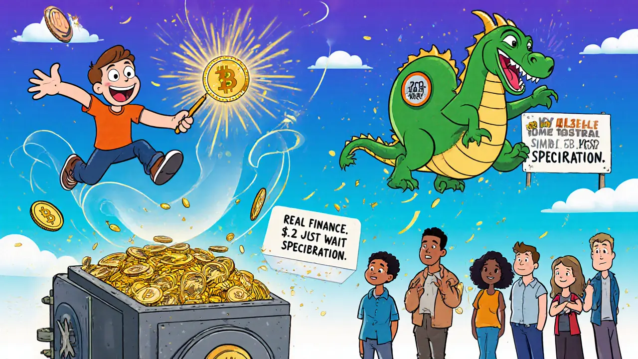 Homeowner floating above crypto vault with interest coins raining down, in Looney Tunes style