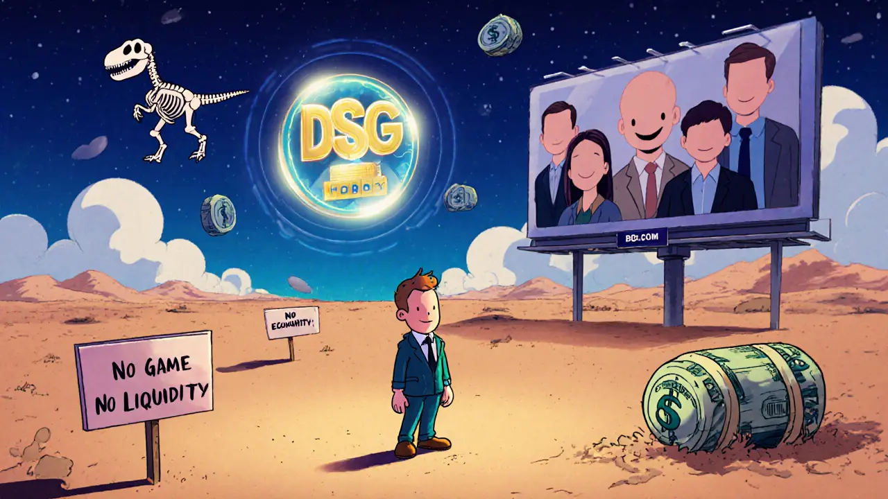 Lonely investor in desert holding a glowing DSG token beside a holographic dinosaur skeleton.