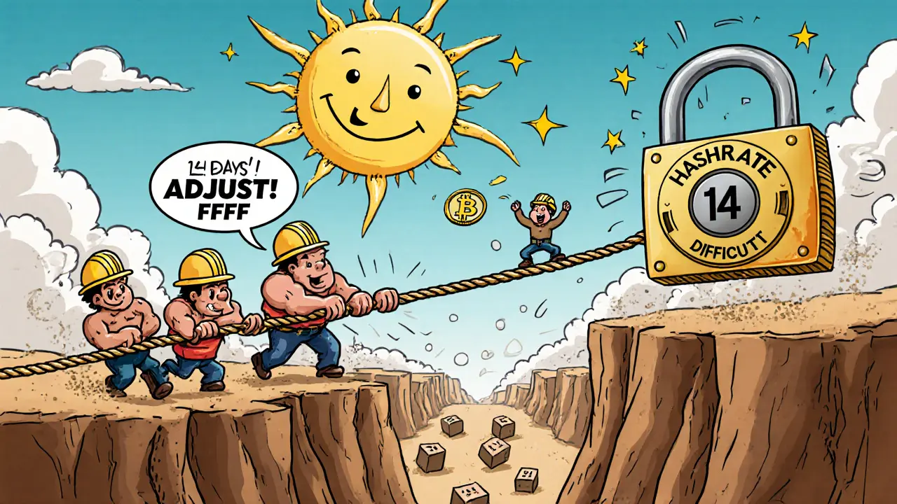 Miners tugging a rope against a giant lock labeled &#039;Difficulty&#039; in a 14-day canyon tug-of-war.