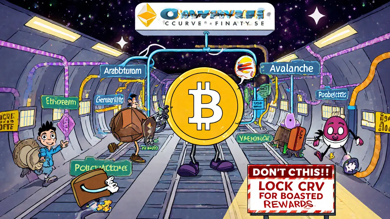 Multi-chain subway system with Curve Finance stations and CRV conductor guiding users safely.